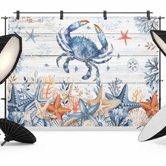Crab Coastal Backdrop for Photography,Fabric Photo Background Backdrop,Summer Beach Coral Starfish Grey Wooden Photo Booth Background for Portrait Photoshoot Video Wedding Studio Decor Banner 7x5ft