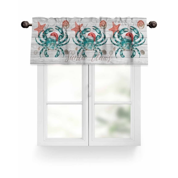 Crab Coastal Christmas Kitchen Valances for Windows Teal Green Red Starfish Valance Curtains&nbsp; for Kitchen /Living Room/Bedroom/ Bathroom Decor, 54"x18 " ,Rod Pocket 1 Panel,