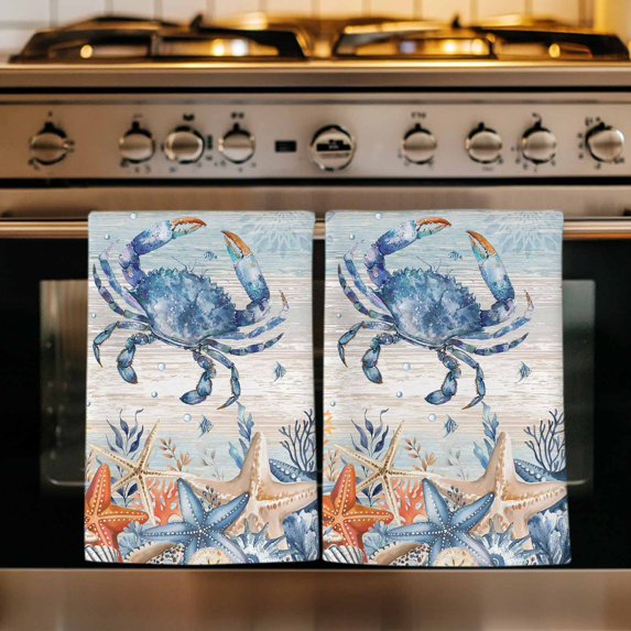 Crab Coastal Kitchen Towels Set of 2, Summer Beach Coral Starfish Blue Grey Absorbent Dish Towels for Kitchen, Microfiber Hand Towel, Quick Drying Tea Towel for Cleaning Decorative Dishcloths