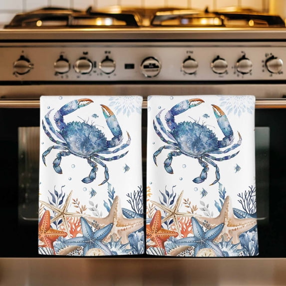 Crab Coastal Kitchen Towels Set of 4, Summer Beach Coral Starfish Ocean Absorbent Dish Towels for Kitchen, Microfiber Hand Towel, Quick Drying Tea Towel for Cleaning Decorative Dishcloths