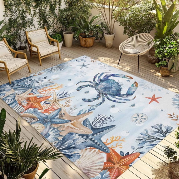 Crab Coastal Outdoor Rug for Patio/Deck/Porch, Non-Slip Large Area Rug 5 x 7 Ft, Summer Beach Blue Ombre Coral Starfish Indoor Outdoor Rugs Washable Area Rugs, Reversible Camping Rug Carpet Runner