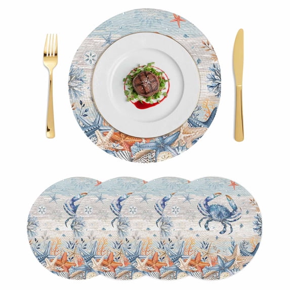 Crab Coastal Round 13 Inch Placemats Set of 4, Summer Beach Coral Starfish Blue Grey HeatResistant Non Slip Place Mats for Dining Table, Wipeable Braided Kitchen Table Mats for Housewarming