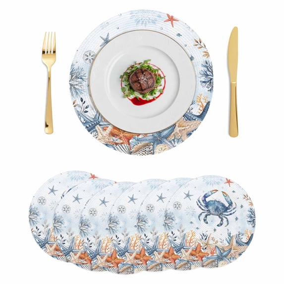 Crab Coastal Round 13 Inch Placemats Set of 6, Summer Beach Blue Ombre Coral Starfish HeatResistant Non Slip Place Mats for Dining Table, Wipeable Braided Kitchen Table Mats for Housewarming