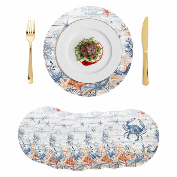 Crab Coastal Round 13 Inch Placemats Set of 6, Summer Beach Coral Starfish Grey Wooden HeatResistant Non Slip Place Mats for Dining Table, Wipeable Braided Kitchen Table Mats for Housewarming