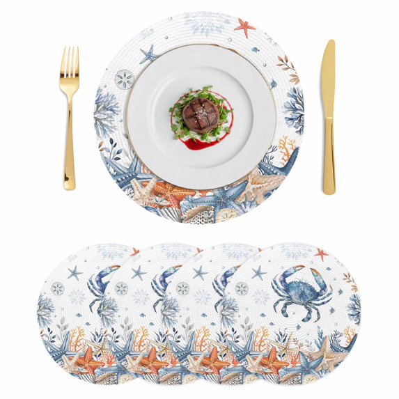 Crab Coastal Round 15 Inch Placemats Set of 4, Summer Beach Coral Starfish Ocean HeatResistant Non Slip Place Mats for Dining Table, Wipeable Braided Kitchen Table Mats for Housewarming