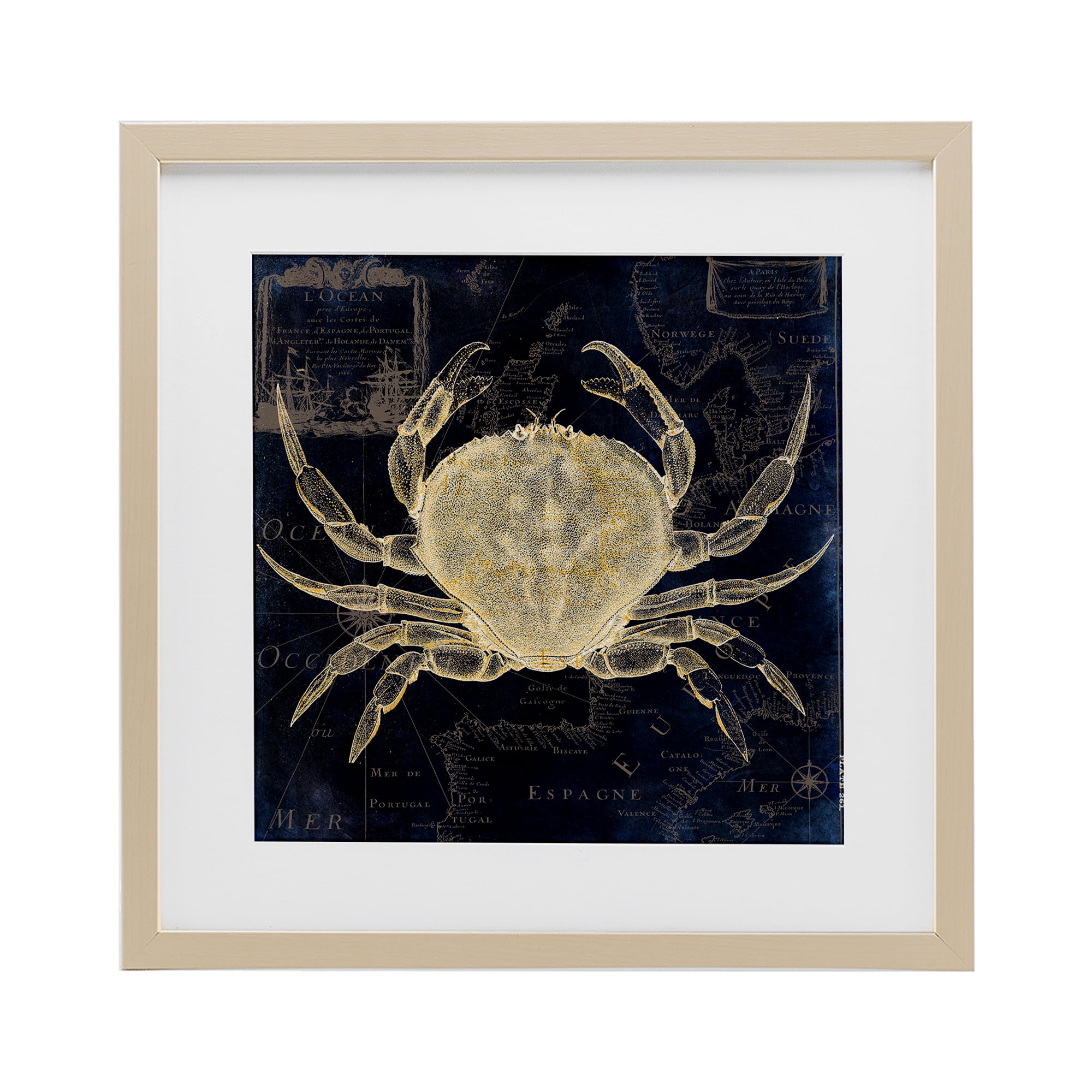 Crab Contour over Map Birch Framed Print Under Glass, design by Sasha