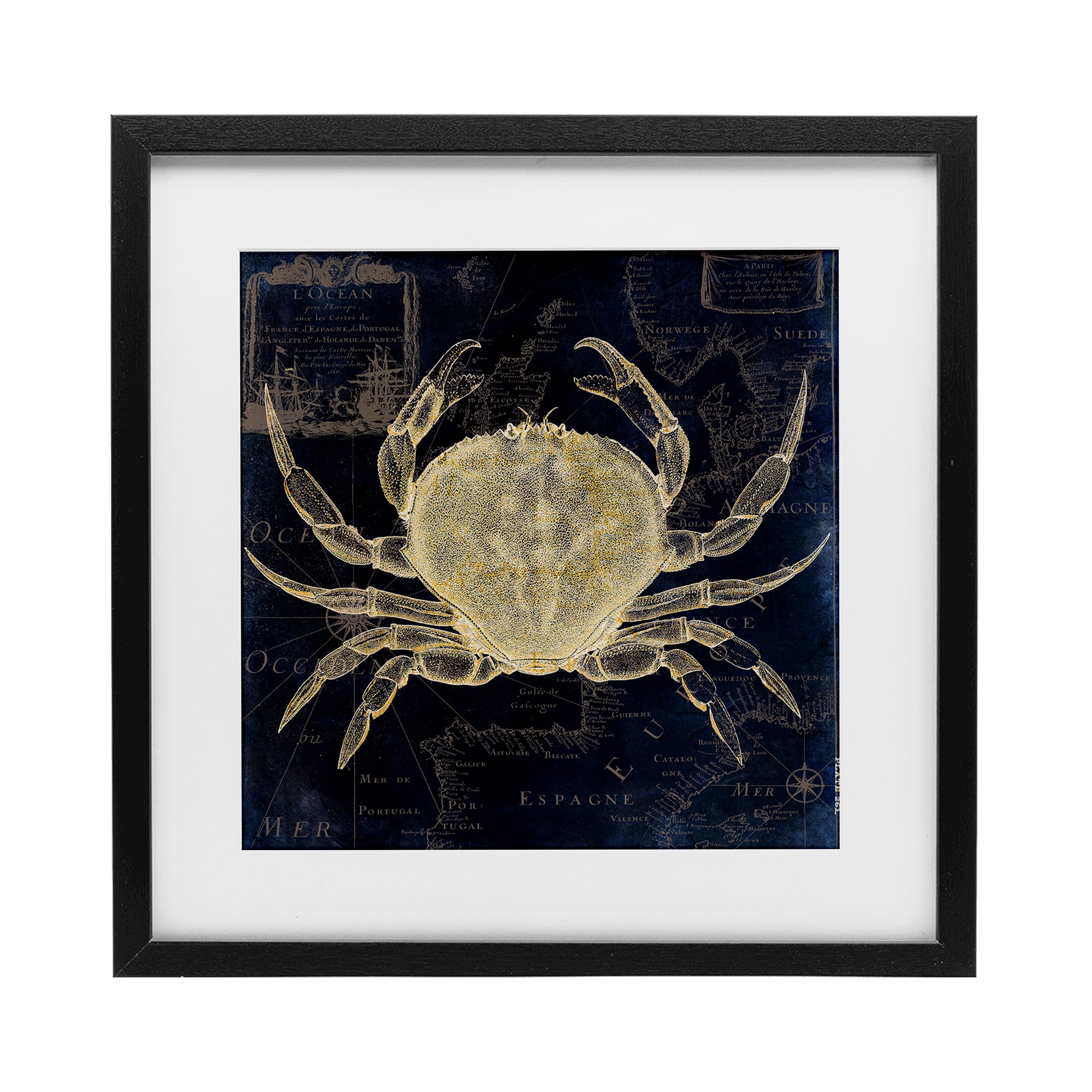 Crab Contour over Map Black Framed Print Under Glass, design by Sasha