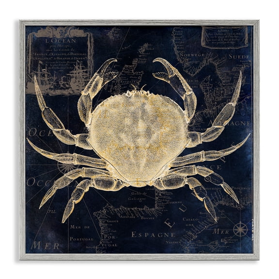Crab Contour over Map Gray Framed Giclee Art, design by Sasha