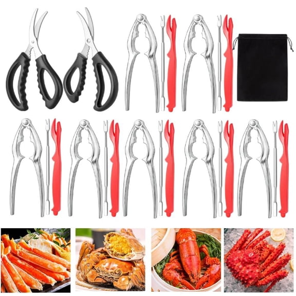 Crab Crackers and Tools, 24-piece Seafood Tools Set, Includes 7 Crab Leg Crackers, 7 Lobster Shellers, 7 Crab Leg Forks/Picks, 2 Seafood Scissors & Storage Bag, Nut Cracker Set
