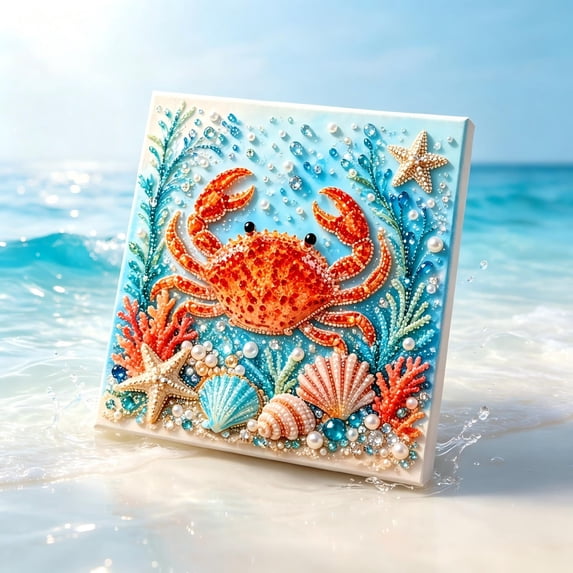 Crab Diamond Art Kit, Ocean Theme Pearl Art DIY Kit for Adults | Assorted Pearls & Rhinestones Create Raised Coastal Crab Scenes for Fun Hands-On Craft & Home Wall Decor
