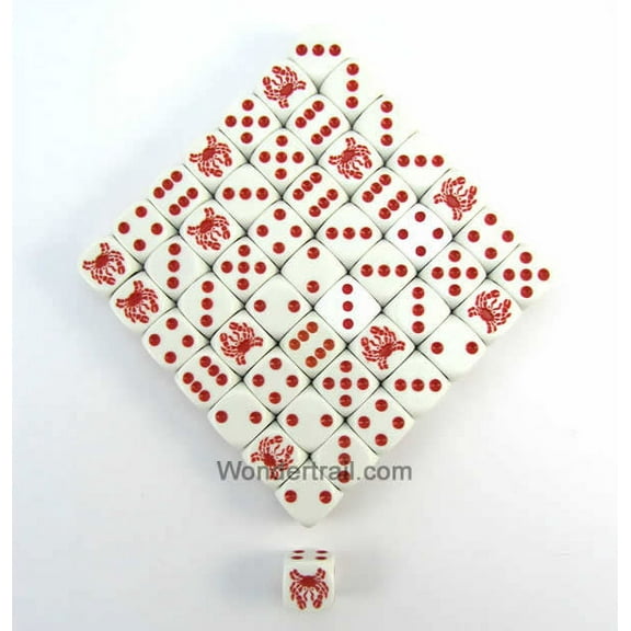 Crab Dice Opaque White with Red Pips 16mm (5/8in) Bulk Pack of 50 Koplow Games