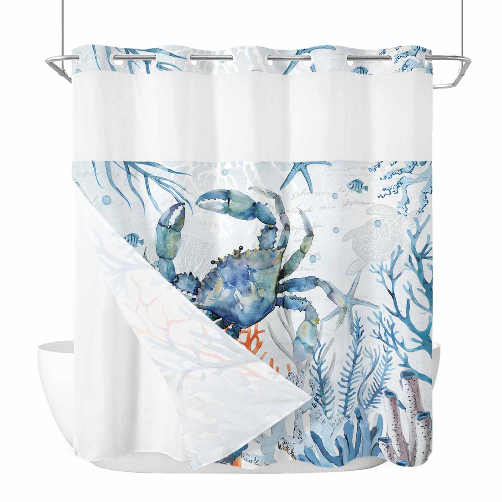Crab No Hook Shower Curtain with Snap in Liner, Blue Coastal Starfish ...