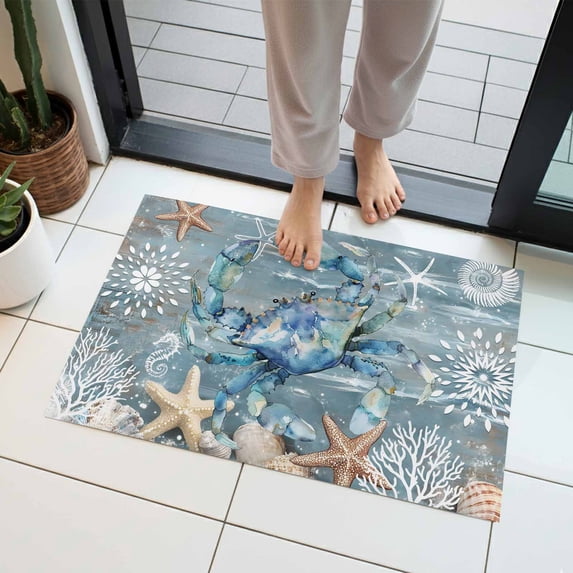 Crab Indoor Door Mat 18x30 Inch Coral Starfish Coral Vintage Front Door Mat Non Slip Washable Entryway Rug Low Profile Dirt Trapper Doormat for Bathroom Kitchen Bedroom