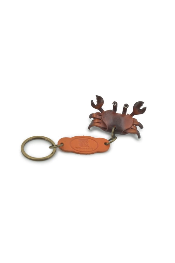 Crab, Key Chain, Leather, Marine Crustaceans, Brown, Hand Made, Keychain, Thailand, Key Fob, Keys, Lifelike Model, Gift, 2" THL06 BB69