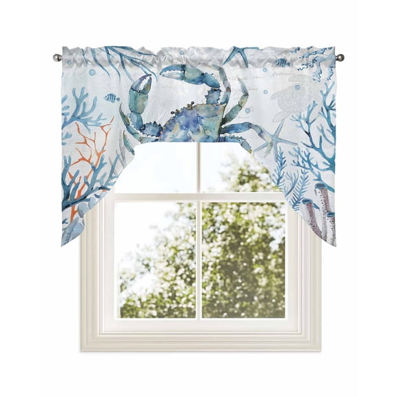 Crab Kitchen Swag Valance for Window, Rod Pocket Short Kitchen Curtains&nbsp;36 Inch Length, Blue Coastal Starfish Ocean Coral Nautical Swag Topper Small Window Treatment for Cafe Bathroom Bedroom