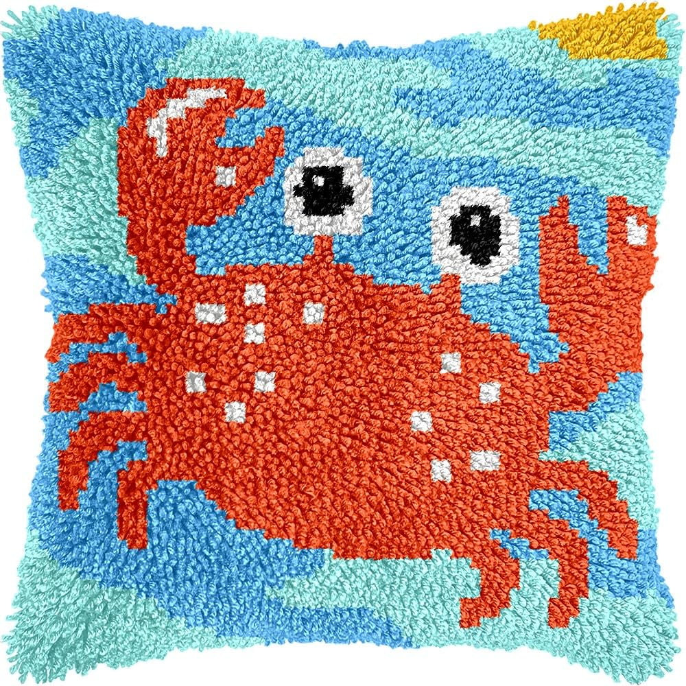 Crab Latch Hook Pillow Cover Kits for DIY Handmade Throw Pillow Cross Stitch Latch Hooking Pillowcase Kits with Preprinted Color Pattern Canvas Crochet Yarn Kits 17''X 17''(8-99)