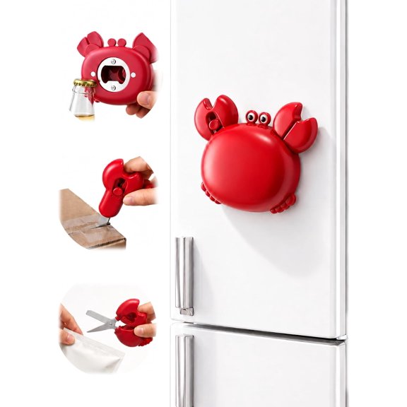Crab Multifunctional Bottle Opener, 4-in-1 Magnetic Crab Multi-Tool with Fridge Scissors Box Cutter Bottle Opener for Multitool Portable Household Kitchen Multi Mini Gadget (Red, 1PC)