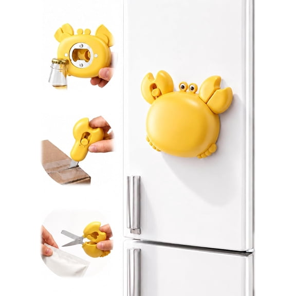 Crab Multifunctional Bottle Opener, 4-in-1 Magnetic Crab Multi-Tool with Fridge Scissors Box Cutter Bottle Opener for Multitool Portable Household Kitchen Multi Mini Gadget (Yellow, 1PC)