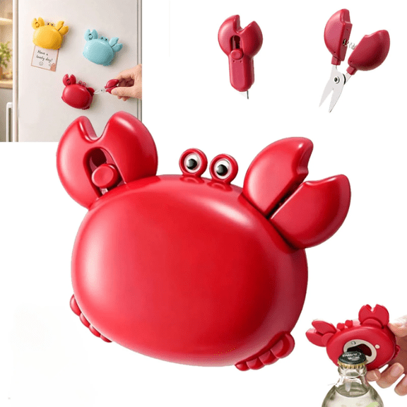 Crab Multifunctional Bottle Opener, 4-in-1 Magnetic Fridge Magnet with Scissors, Box Cutter & Beer Opener, Compact Kitchen Gadget for Home Office
