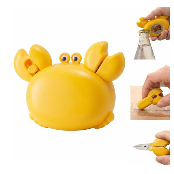 Crab Multifunctional Bottle Opener, 4-in-1 Magnetic Fridge Tool, Crab Shape Kitchen Gadget for Fridge Decor, Fridge Magnet Scissors Bottle Opener Box Cutter, for Home & Office - (Yellow)