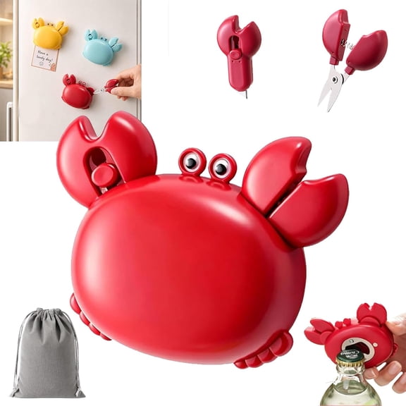 Crab Multifunctional Bottle Opener, 4-in-1 Magnetic Fridge Tool with Scissors, Box Cutter & Opener for Kitchen, Home & Camping,red