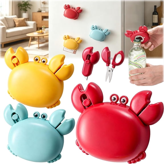 Crab Multifunctional Bottle Opener, 4-in-1 Magnetic Multi Tool with Box Cutter & Mini Scissors for Camping Travel Kitchen Home Office