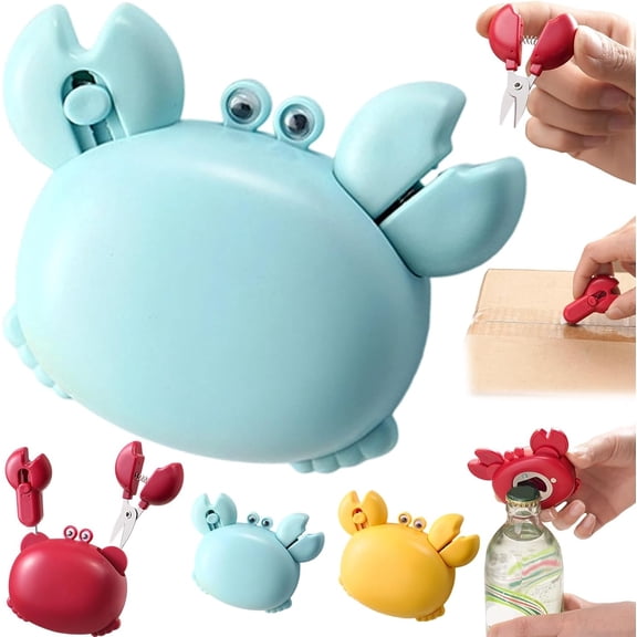 Crab Multifunctional Bottle Opener, 4-in-1 Magnetic Refrigerator Magnet with Scissors, Box Cutter, Bottle Opener, Cute Crab Shape Kitchen Gadget for Home Office (Blue)