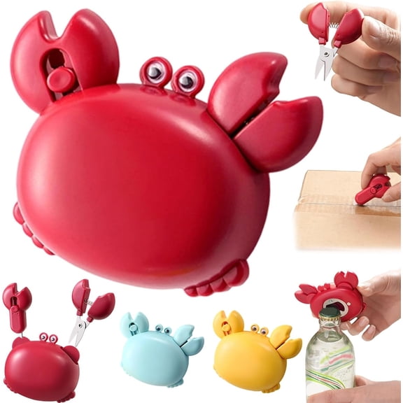 Crab Multifunctional Bottle Opener, 4-in-1 Magnetic Refrigerator Magnet with Scissors, Box Cutter, Bottle Opener, Cute Crab Shape Kitchen Gadget for Home Office (Red)