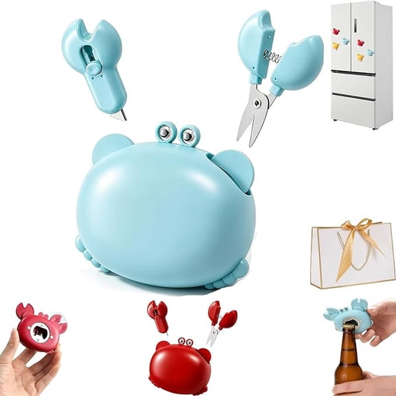 Crab Multifunctional Bottle Opener, Cartoon Bottle Opener Fridge Magnets, Crab-Shaped 4-in-1 Multi Opener Tool, Fridge Magnet Scissors Bottle Opener Box Cutter, For Home & Office (1PC,A)