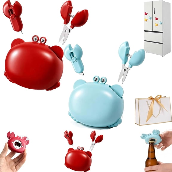 Crab Multifunctional Bottle Opener, Cartoon Bottle Opener Fridge Magnets, Crab-Shaped 4-in-1 Multi Opener Tool, Fridge Magnet Scissors Bottle Opener Box Cutter, For Home & Office (2PC,D)