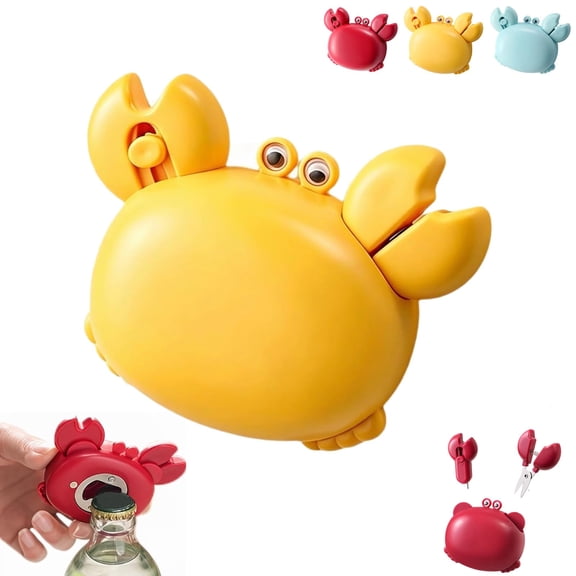Crab Multifunctional Bottle Opener, Crab-Shaped 4-in-1 Multi-Tool Magnetic Magnet, Retractable Box Cutter + Mini Scissors, for Home, Office & Kitchen