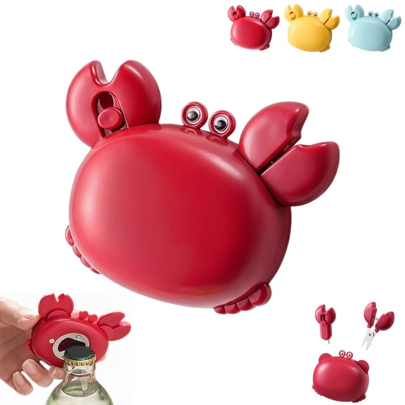 Crab Multifunctional Bottle Opener, Crab-Shaped 4-in-1 Multi-Tool Magnetic Magnet, Retractable Box Cutter + Mini Scissors, for Home, Office & Kitchen