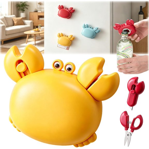 Crab Multifunctional Bottle Opener, Crab-Shaped 4-in-1 Multi Tool Opener, Magnetic Fridge Magnet, Retractable Box Cutter & Mini Scissors, Compact Kitchen Gadget for Home Office (Yellow)