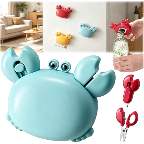 Crab Multifunctional Bottle Opener, Crab-Shaped 4-in-1 Multi Tool Opener, Magnetic Fridge Magnet, Retractable Box Cutter & Mini Scissors, Compact Kitchen Gadget for Home Office (Blue)