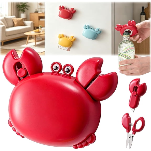Crab Multifunctional Bottle Opener, Crab-Shaped 4-in-1 Multi Tool Opener, Magnetic Fridge Magnet, Retractable Box Cutter & Mini Scissors, Compact Kitchen Gadget for Home Office (Red)