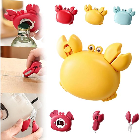 Crab Multifunctional Bottle Opener with Magnetic Fridge Attachment, Crab-Shaped 4-in-1 Multi Tool Opener with Scissors,Box Cutter,Bottle Opener for Daily Kitchen Use (Yellow)