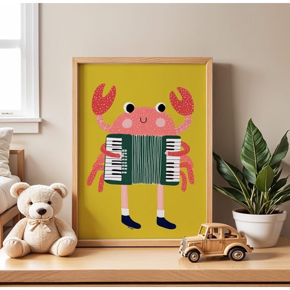 Crab Nursery Playful Yellow and Pink Sea Creature Coastal Baby Room Decor Unframed Paper Print