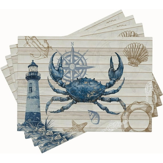 Crab Ocean Placemats Set of 4 Nautical Lighthouse Table Mats Washable Coastal Place Mats for Home Party Indoor Kitchen Dining Table Decoration 12x18 Inch
