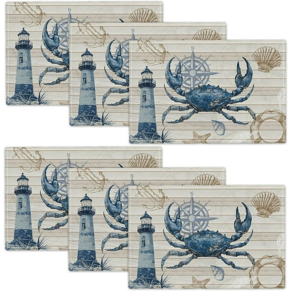 Crab Ocean Placemats Set of 6 Nautical Lighthouse Table Mats Washable Coastal Place Mats for Home Party Indoor Kitchen Dining Table Decoration 12x18 Inch