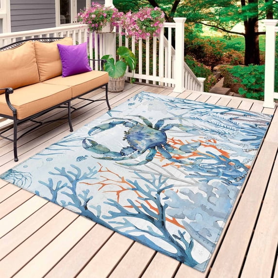 Crab Outdoor Rug for Patio/Deck/Porch, Non-Slip Large Area Rug 3 x 5 Ft, Blue Coastal Starfish Ocean Coral Nautical Indoor Outdoor Rugs Washable Area Rugs, Reversible Camping Rug Carpet Runner