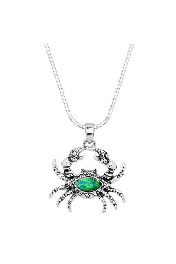 Crab Pendant Necklace Abalone Shell Rhodium Plated 17 Inch Snake Chain J0791