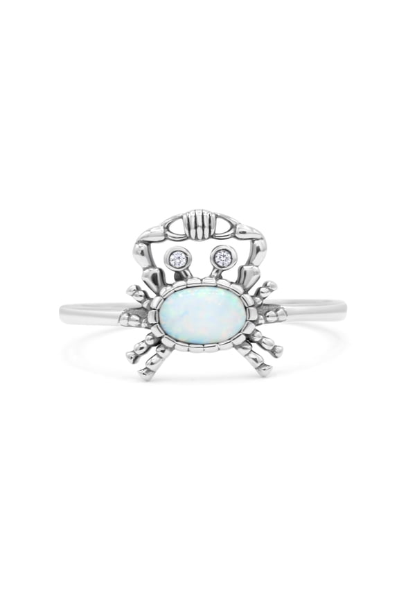 Crab Petite Dainty Thumb Ring Oval Oxidized Lab-Created Opal Ring 925 Sterling Silver Size 9