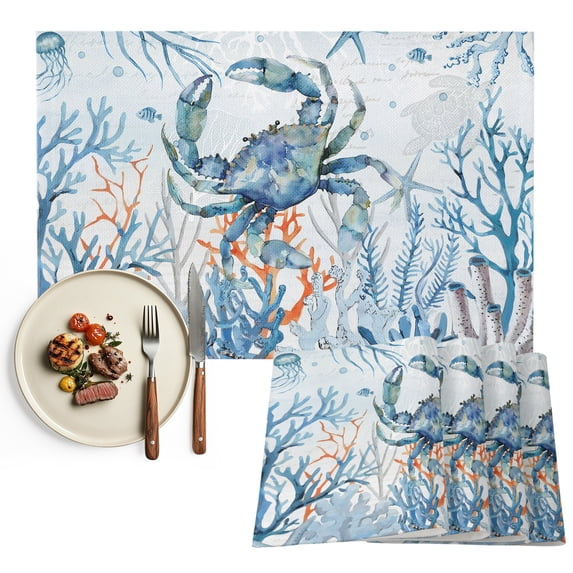 Crab Placemats Set of 2, Blue Coastal Starfish Ocean Coral Nautical Washable Wipeable Table Mats for Dining Tables, Indoor Outdoor Kitchen Place Mats for Holiday Party Table Decor