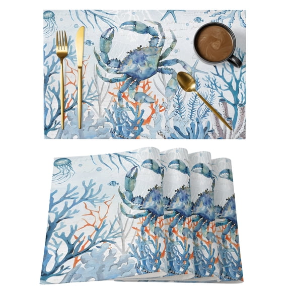 Crab Placemats Set of 2, Cotton Linen Fabric Place Mats, Blue Coastal Starfish Ocean Coral Nautical Washable Decorative Table Mats Protector for Home Kitchen Dining Wedding Party Coffee Tables