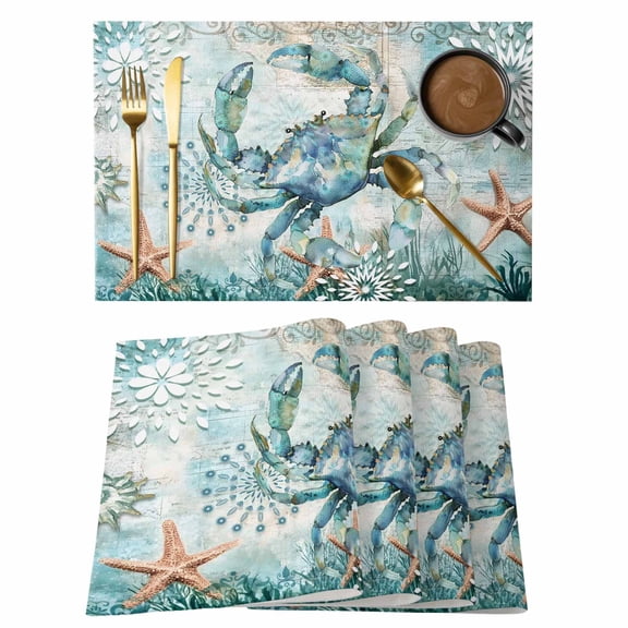 Crab Placemats Set of 4 Teal Starfish Marine Life Place Mats Table Mats Kitchen Dining Home Outdoor Party Table Decoration
