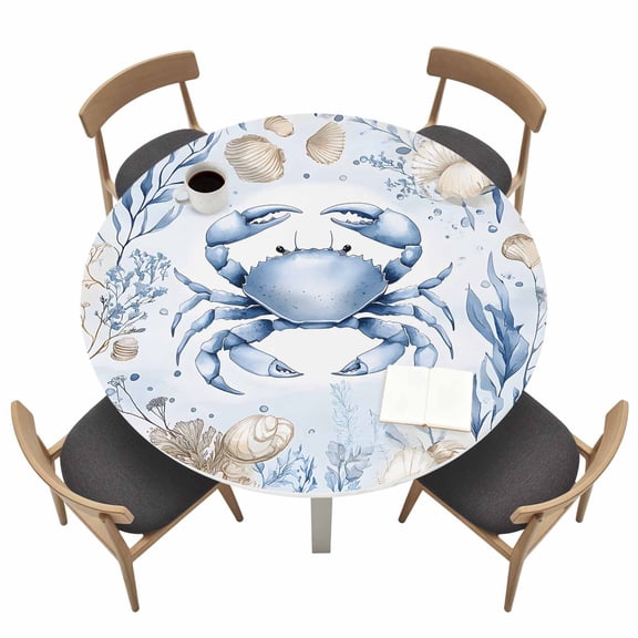 Crab Round Fitted Tablecloth with Elastic Edge Summer Ocean Table Cover Fit for 36"-44" Tables Waterproof Tablecloths for Dinner Camping Picnic