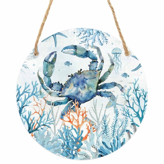 Crab Round Front Door Welcome Sign, 5.9 Inch Wall Hanging Decor for Indoor Outdoor, Blue Coastal Starfish Ocean Coral Nautical Home Porch Hanger Decorations for Holiday Gift