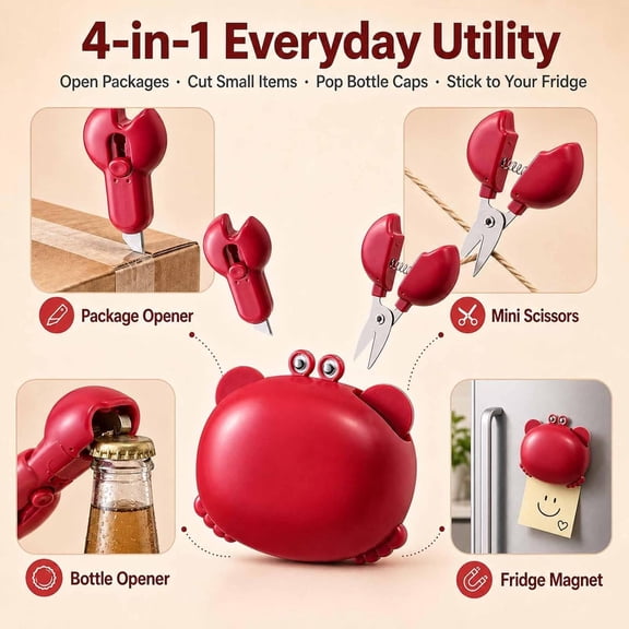 Crab-Shaped 4-in-1 Multi Tool Opener with Magnetic Fridge Magnet, Bottle Opener, Box Cutter and Mini Scissors, Multifunctional Compact Kitchen Gadgets for Home Office (Red, One Size)