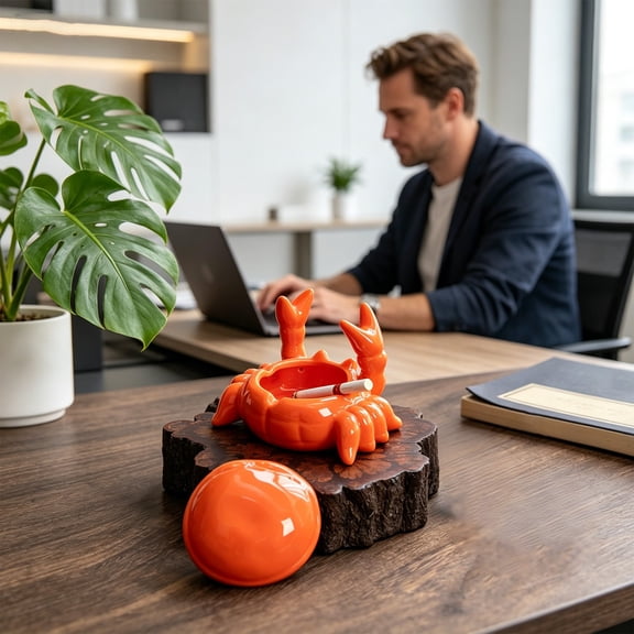 Crab Shaped Ashtray, Cute Home Decor, Ashtray with Lid, Nautical Decor for Home, 1Pc 4.5X3.5X3 Inch Ceramic Red Crab Figurine Ash Tray for Indoor and Outdoor Collectible Use