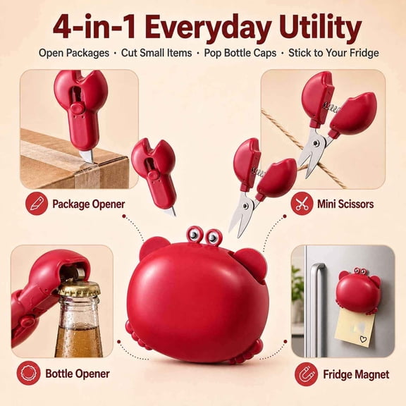 Crab-Shaped Multi Tool Opener With Magnetic Fridge Mount Retractable Box Cutter And Mini Scissors For Kitchen And Home Use